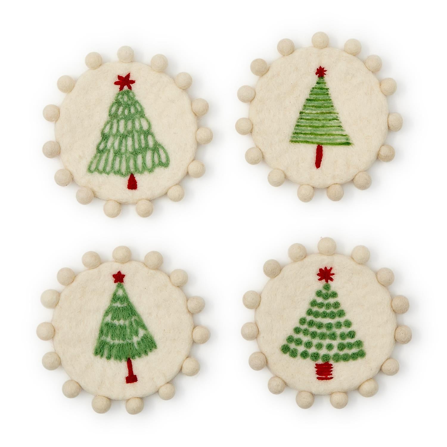 S/4 Tree Coasters With Pom-Poms